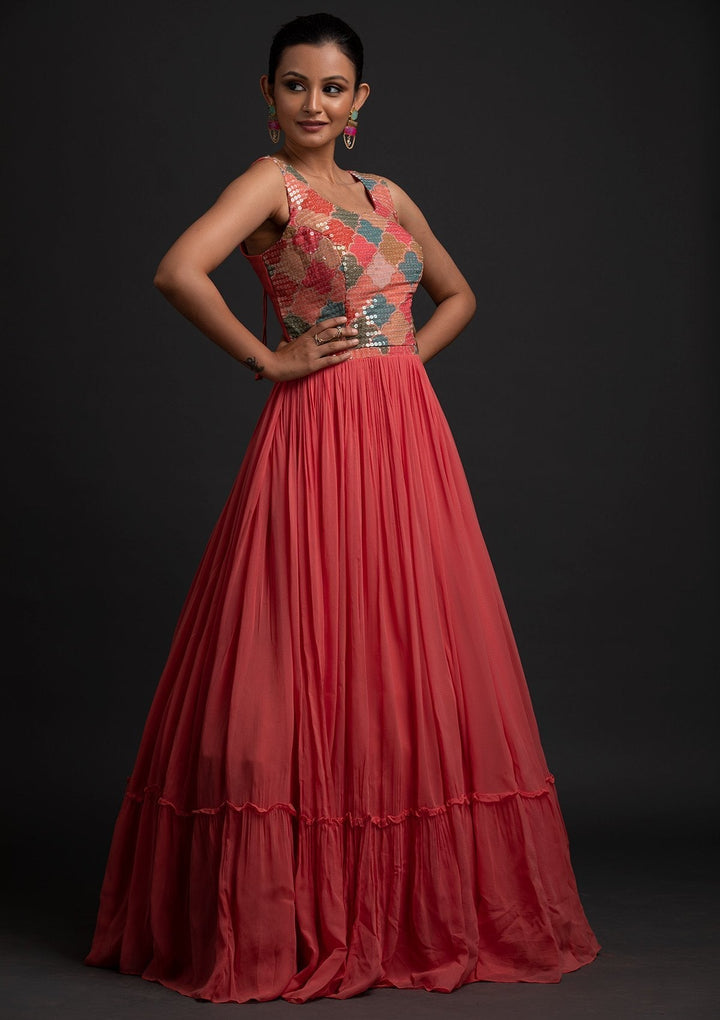 Pink Sequins Georgette Designer Gown - koskii