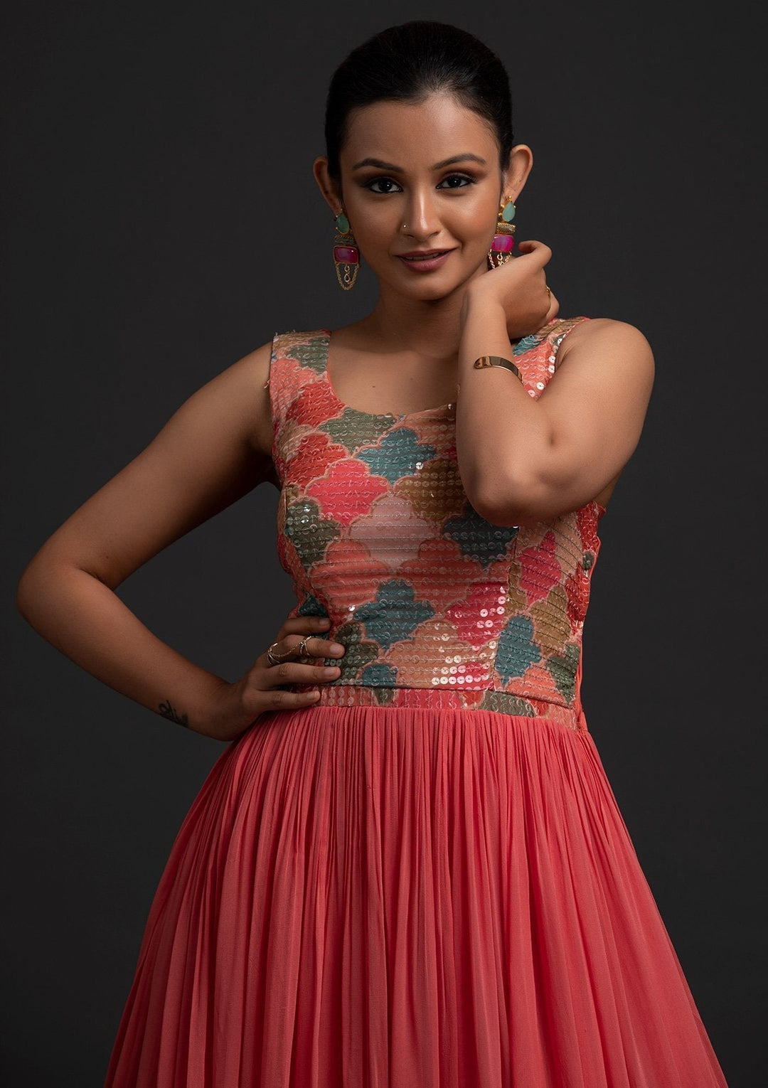 Pink Sequins Georgette Designer Gown - koskii