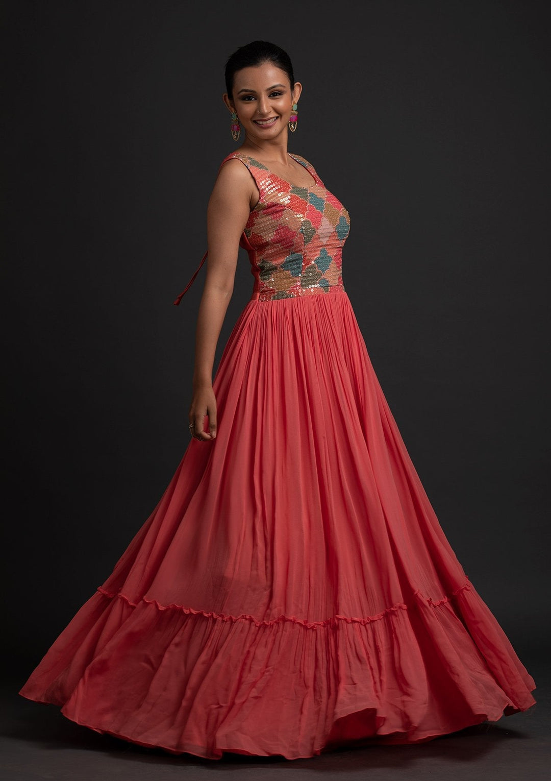 Pink Sequins Georgette Designer Gown - koskii