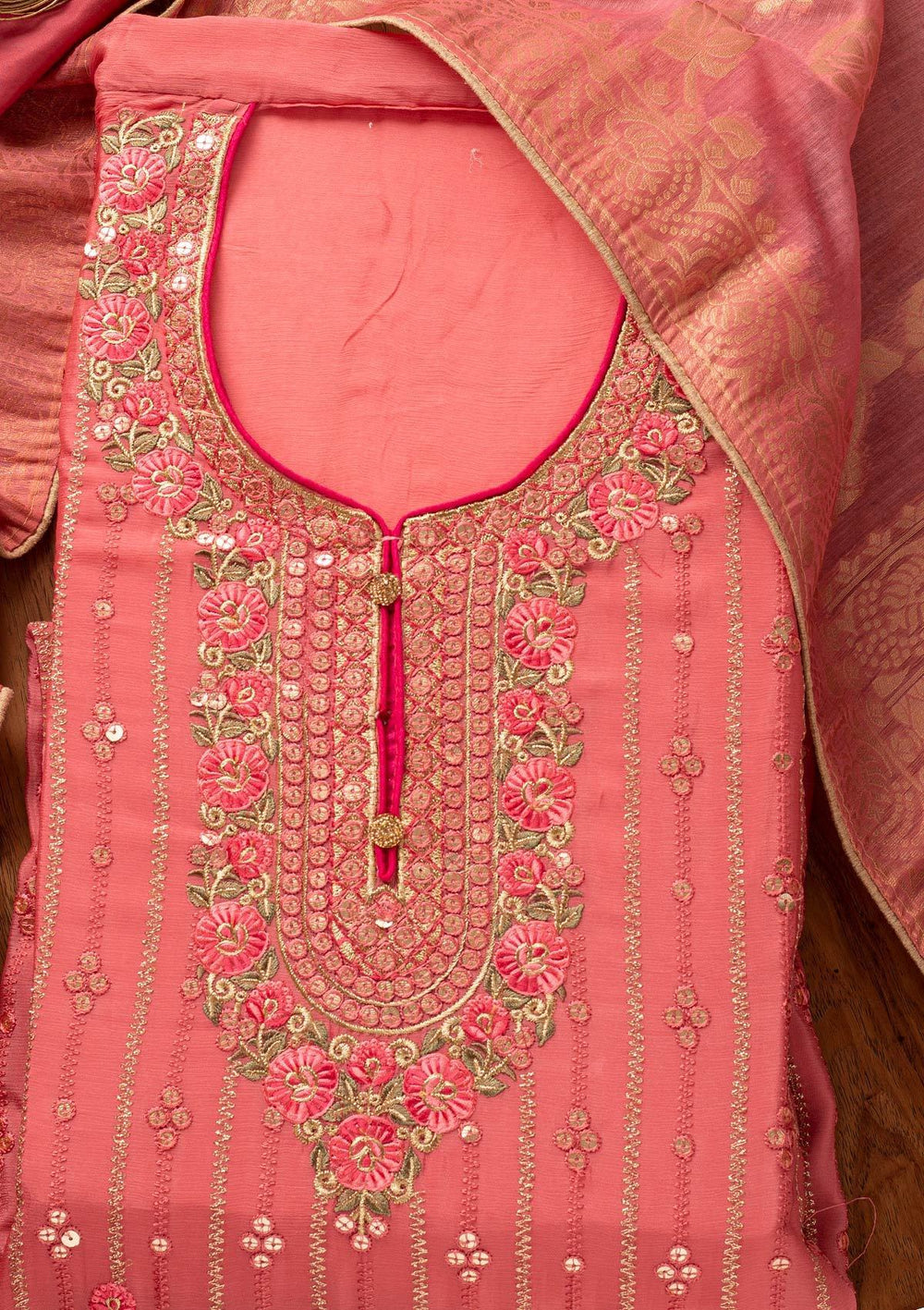 Pink Sequins Semi Crepe Designer Unstitched Salwar Suit - koskii