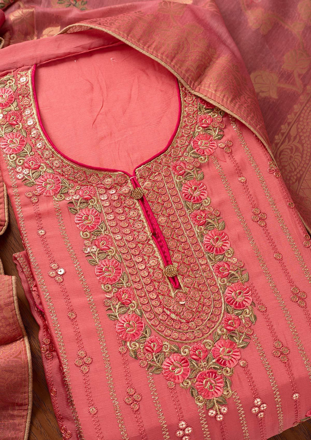 Pink Sequins Semi Crepe Designer Unstitched Salwar Suit - koskii
