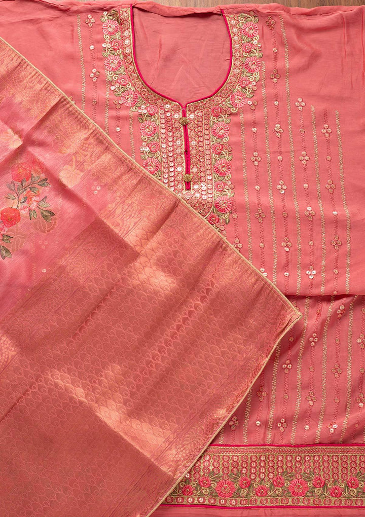 Pink Sequins Semi Crepe Designer Unstitched Salwar Suit - koskii