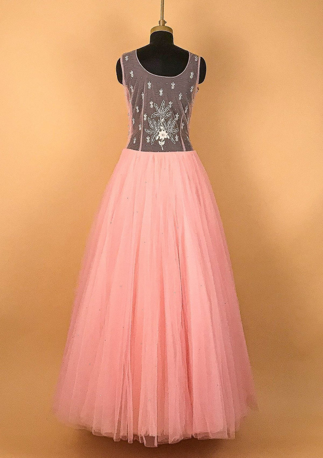 Pink Silver Stonework Net Designer Gown - koskii