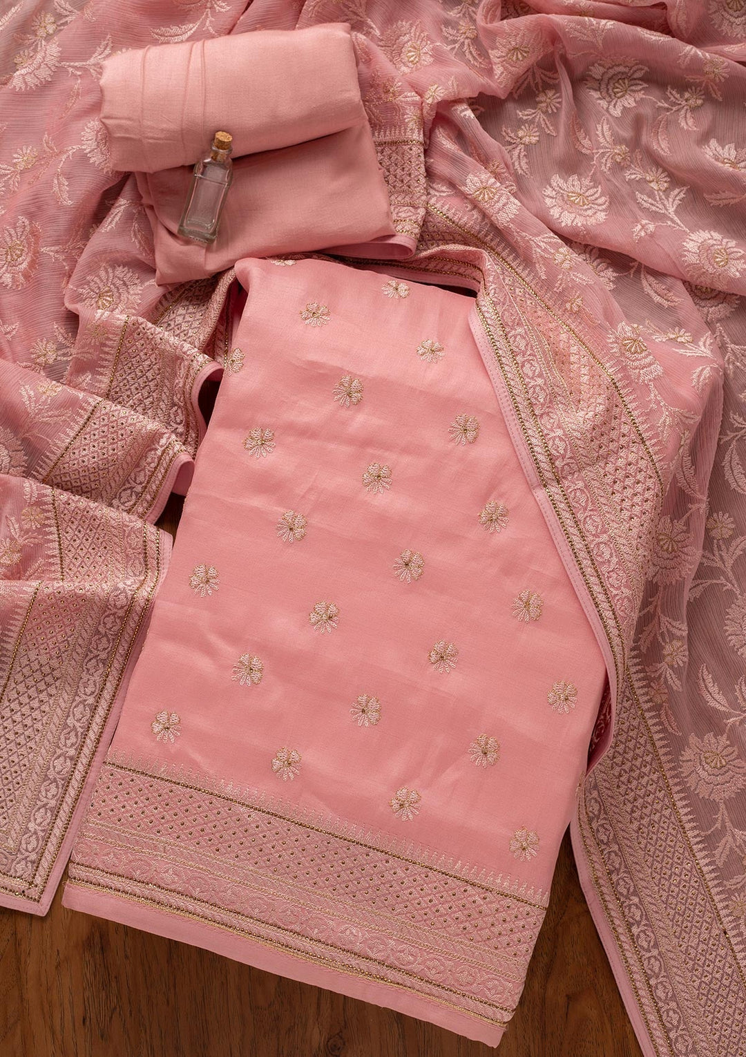 Pink Swarovski Chanderi Designer Unstitched Salwar Suit - koskii