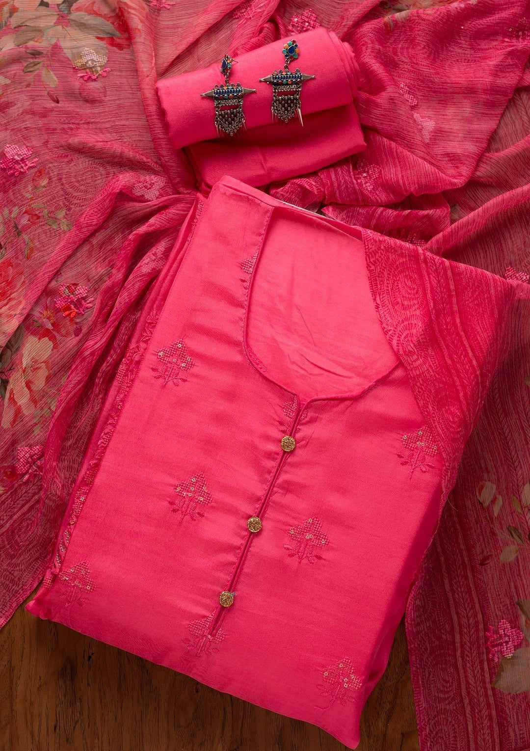 Pink Swarovski Satin Designer Unstitched Salwar Suit - koskii