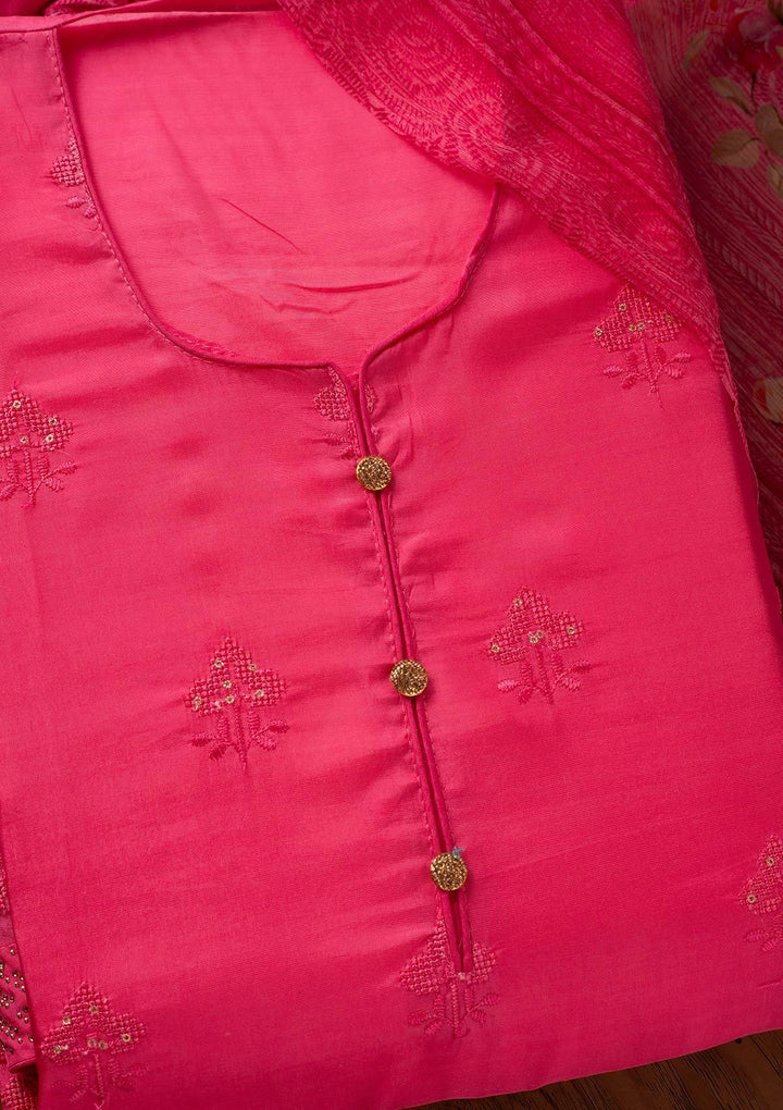 Pink Swarovski Satin Designer Unstitched Salwar Suit - koskii