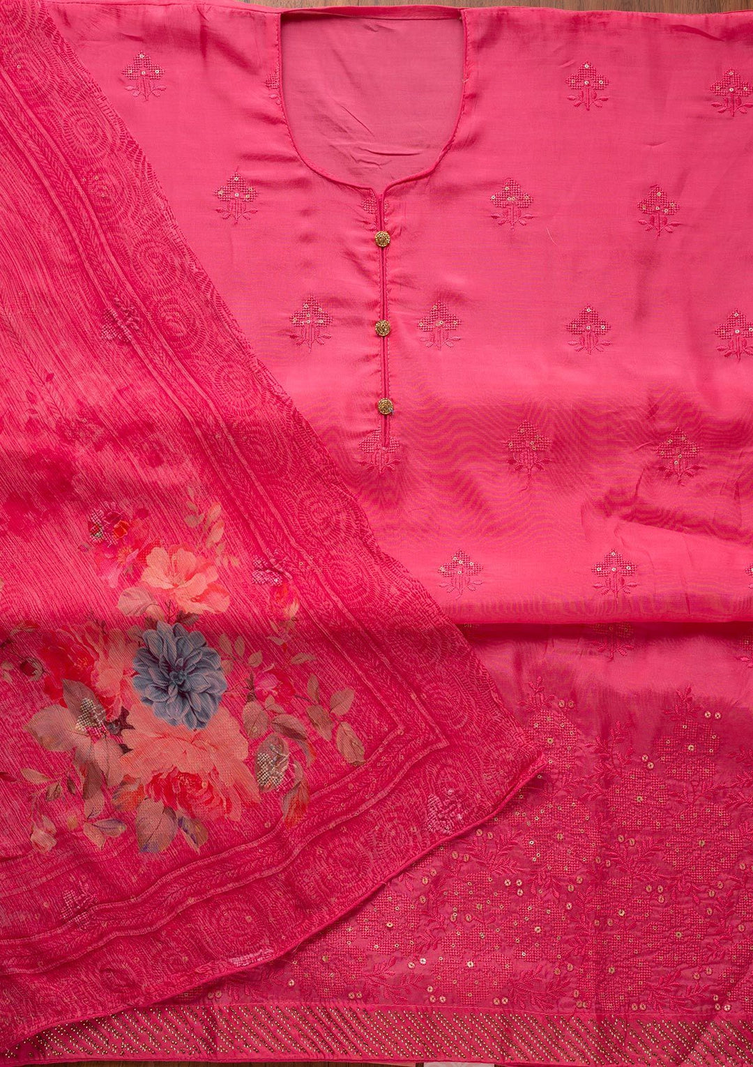 Pink Swarovski Satin Designer Unstitched Salwar Suit - koskii