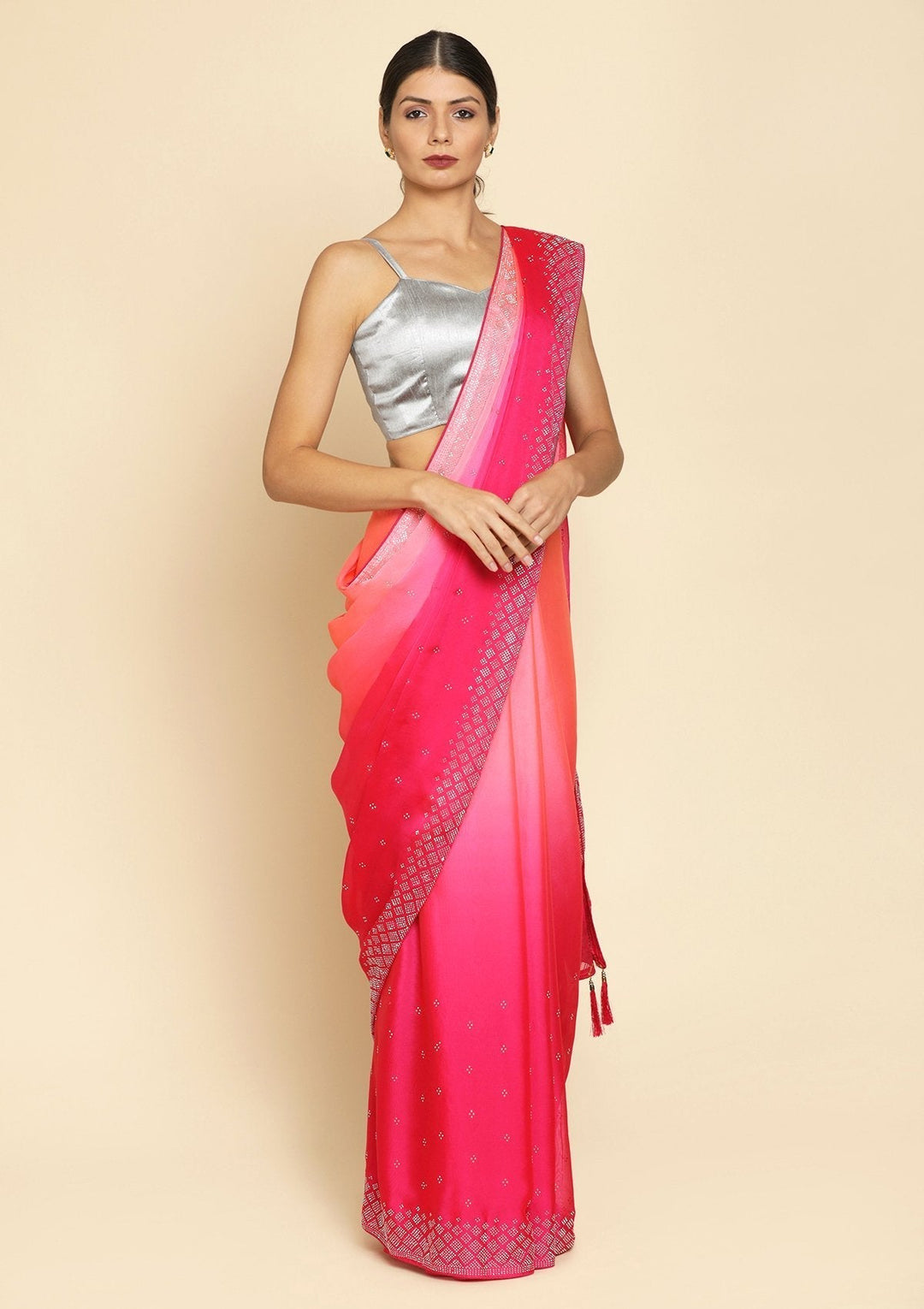 Pink Swarovski Satin Designer Saree - koskii