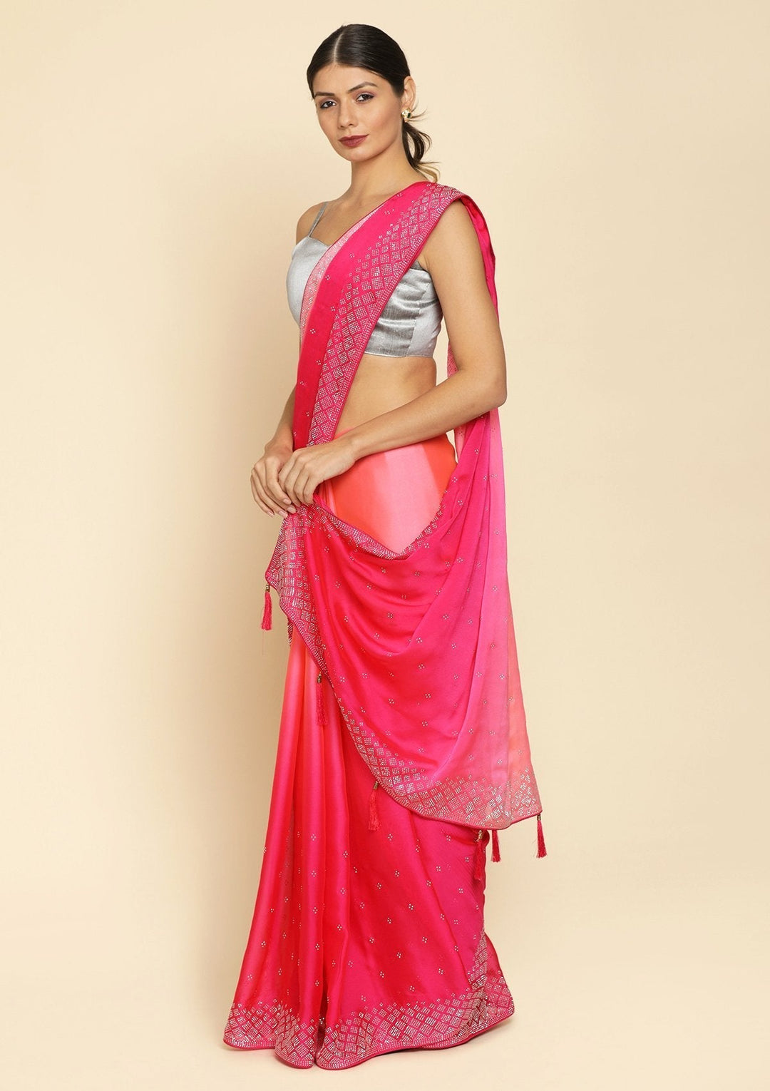 Pink Swarovski Satin Designer Saree - koskii