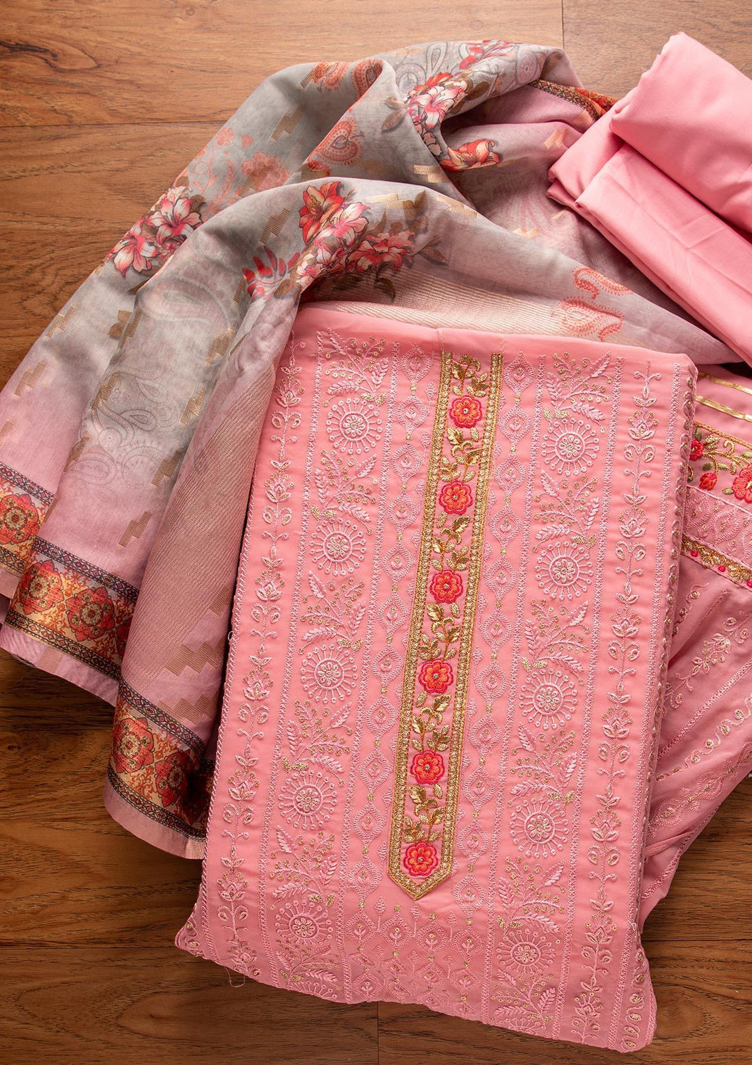 Pink Threadwork Georgette Designer Unstitched Salwar Suit - koskii