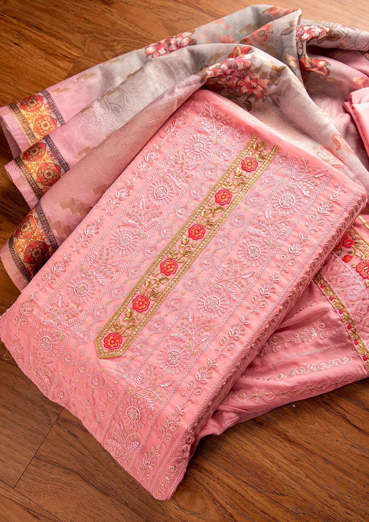 Pink Threadwork Georgette Designer Unstitched Salwar Suit - koskii