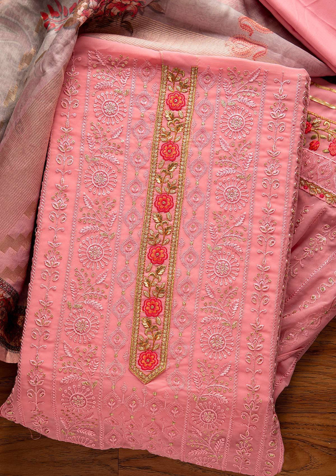 Pink Threadwork Georgette Designer Unstitched Salwar Suit - koskii
