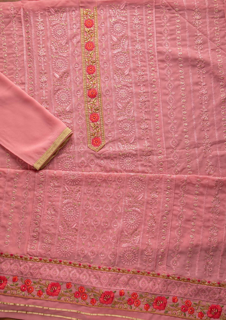 Pink Threadwork Georgette Designer Unstitched Salwar Suit - koskii