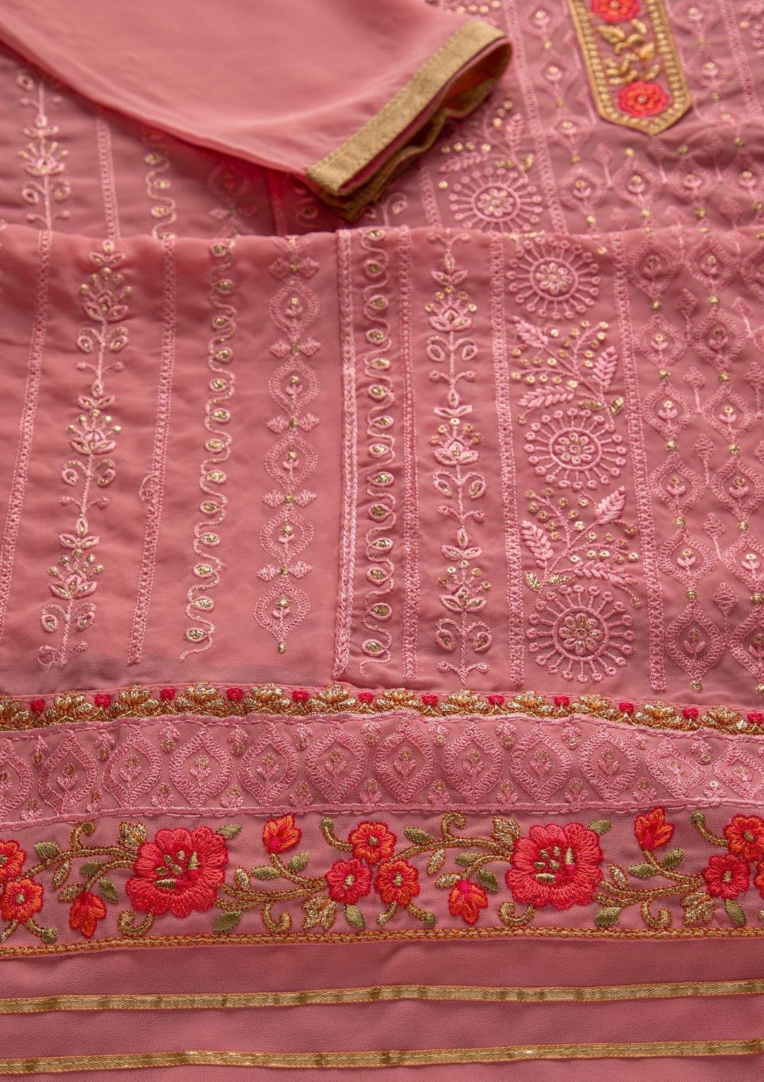 Pink Threadwork Georgette Designer Unstitched Salwar Suit - koskii