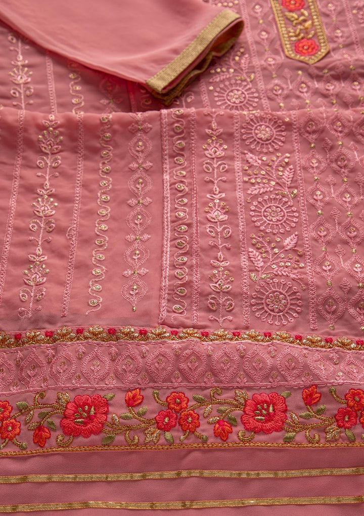 Pink Threadwork Georgette Designer Unstitched Salwar Suit - koskii