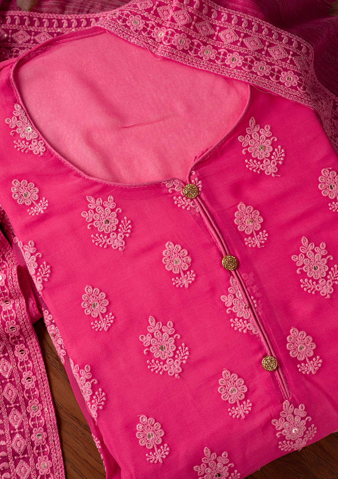 Pink Threadwork Georgette Designer Unstitched Salwar Suit - koskii