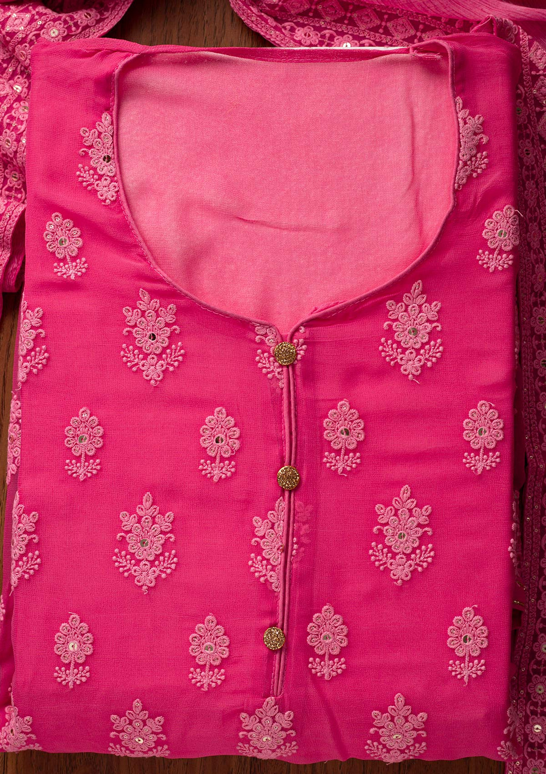 Pink Threadwork Georgette Designer Unstitched Salwar Suit - koskii