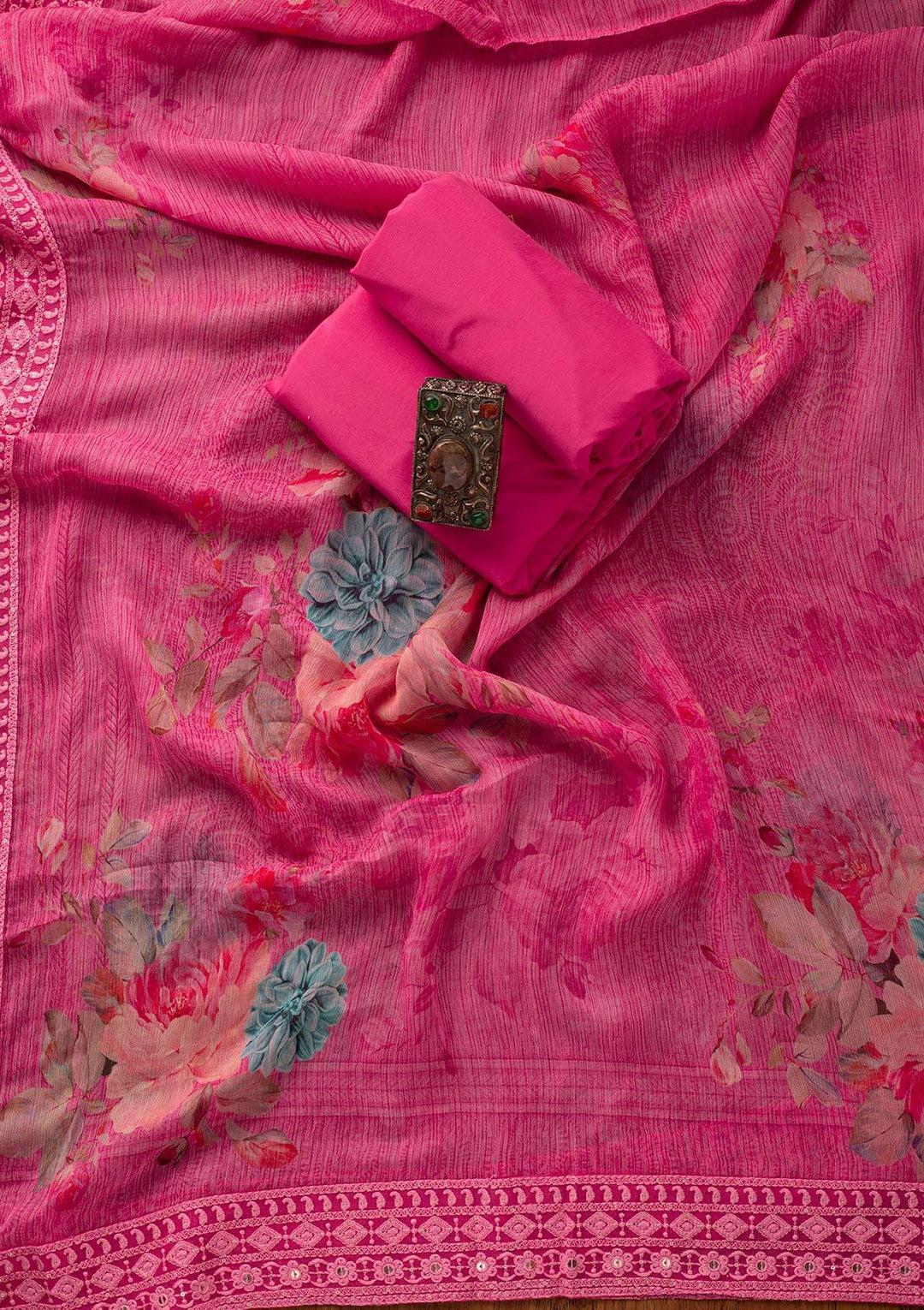 Pink Threadwork Georgette Designer Unstitched Salwar Suit - koskii