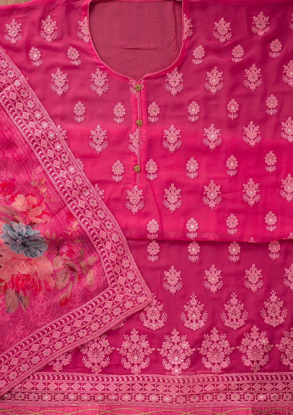 Pink Threadwork Georgette Designer Unstitched Salwar Suit - koskii