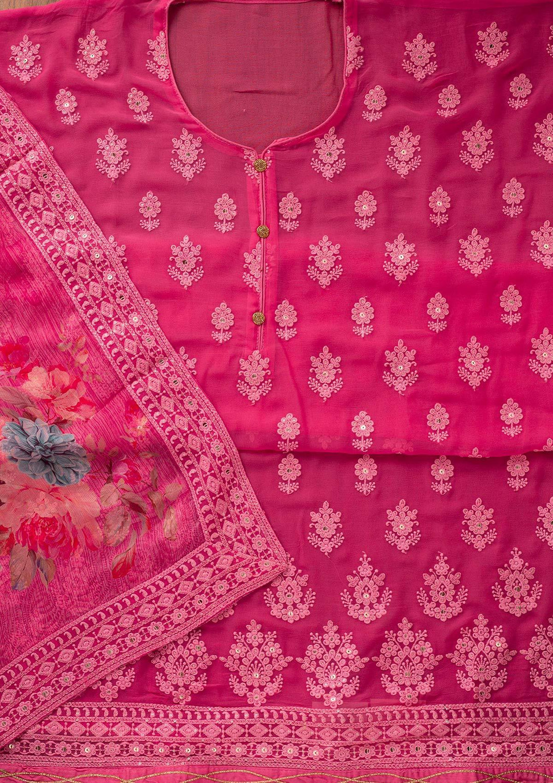 Pink Threadwork Georgette Designer Unstitched Salwar Suit - koskii