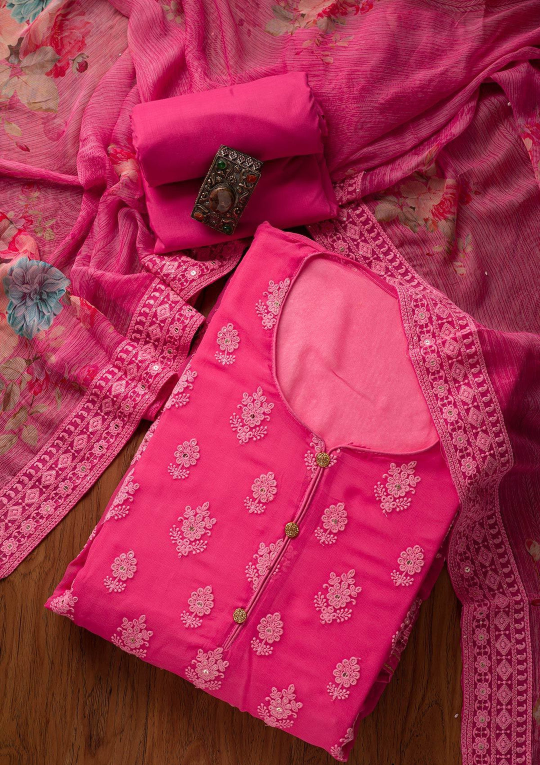 Pink Threadwork Georgette Designer Unstitched Salwar Suit - koskii