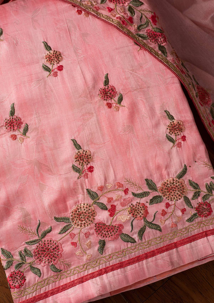 Pink Threadwork Satin Designer Unstitched Salwar Suit - koskii