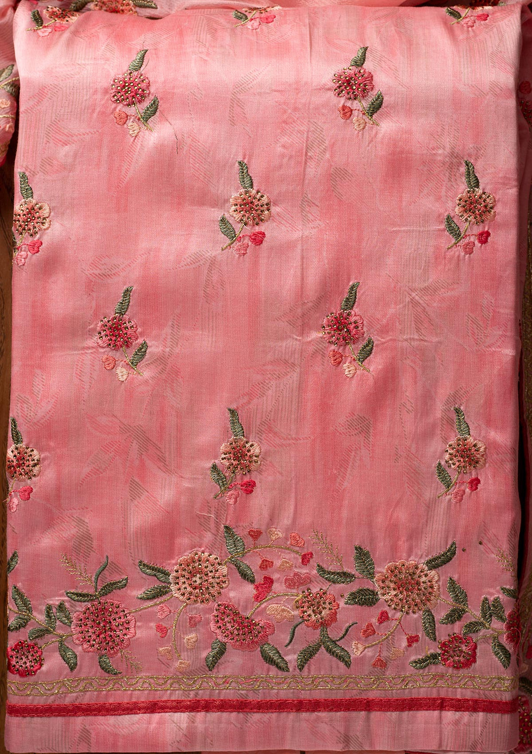 Pink Threadwork Satin Designer Unstitched Salwar Suit - koskii