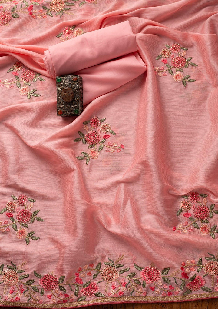 Pink Threadwork Satin Designer Unstitched Salwar Suit - koskii