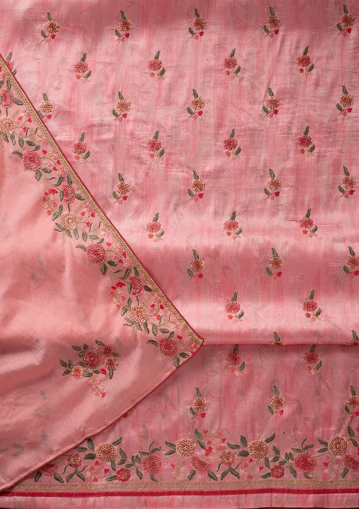 Pink Threadwork Satin Designer Unstitched Salwar Suit - koskii