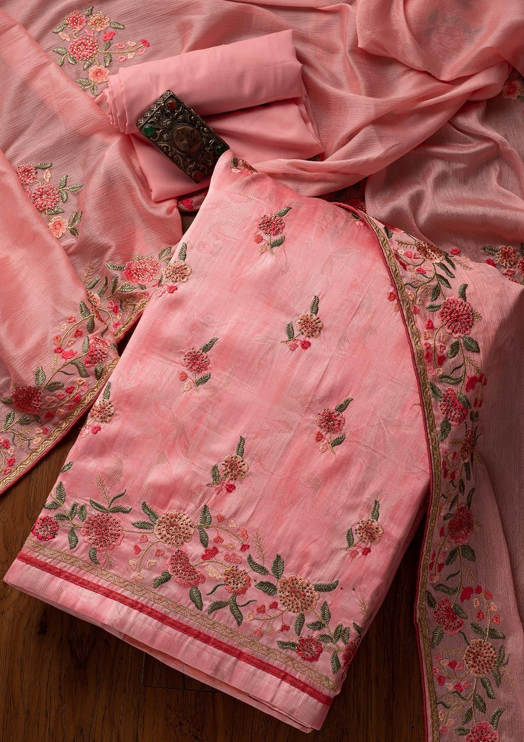 Pink Threadwork Satin Designer Unstitched Salwar Suit - koskii