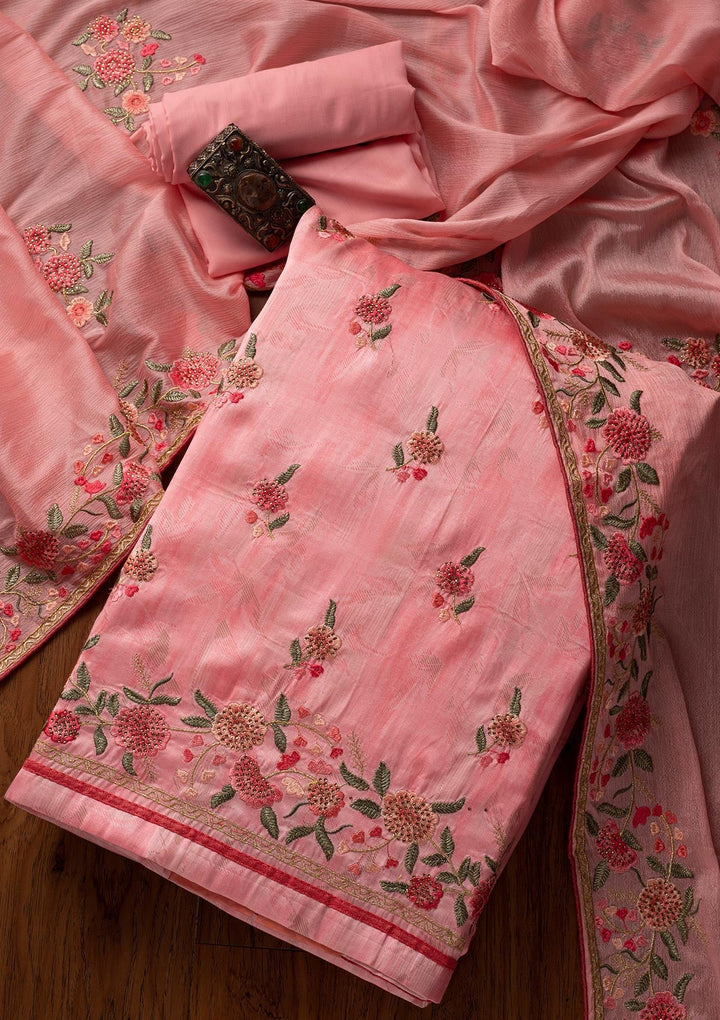 Pink Threadwork Satin Designer Unstitched Salwar Suit - koskii