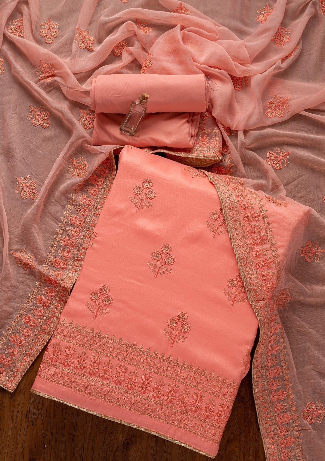 Pink Threadwork Semi Crepe Designer Unstitched Salwar Suit - koskii