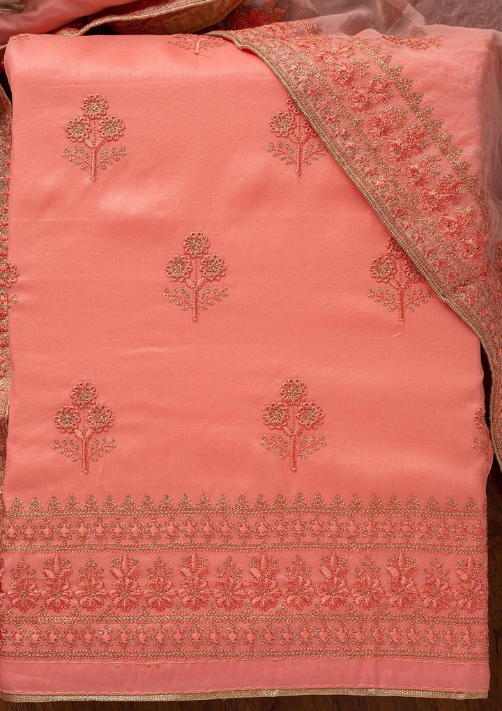 Pink Threadwork Semi Crepe Designer Unstitched Salwar Suit - koskii