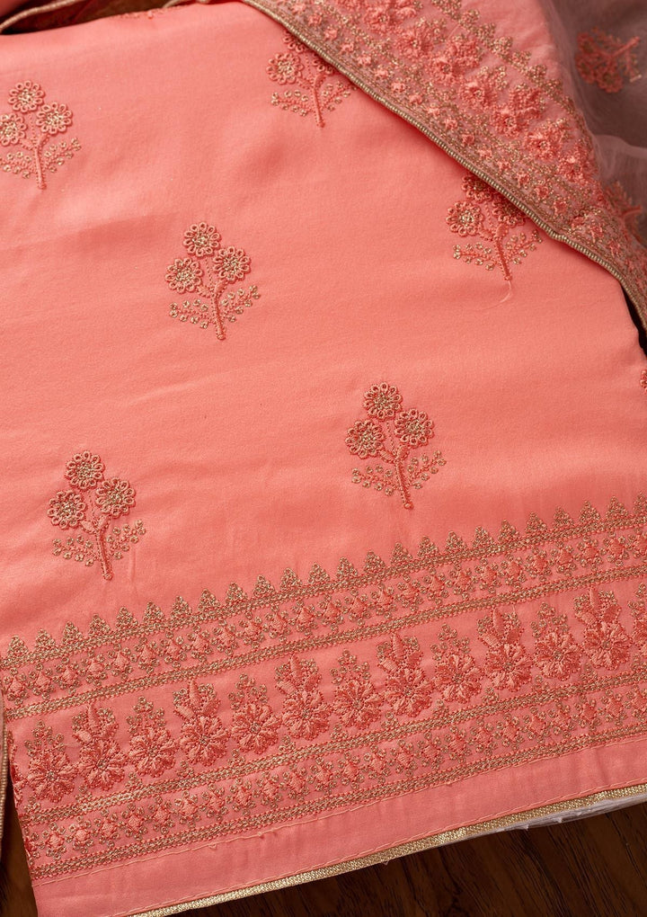 Pink Threadwork Semi Crepe Designer Unstitched Salwar Suit - koskii