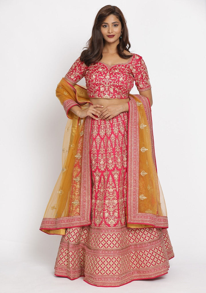 Pink Zariwork Art Silk Designer Semi-Stitched Lehenga - koskii