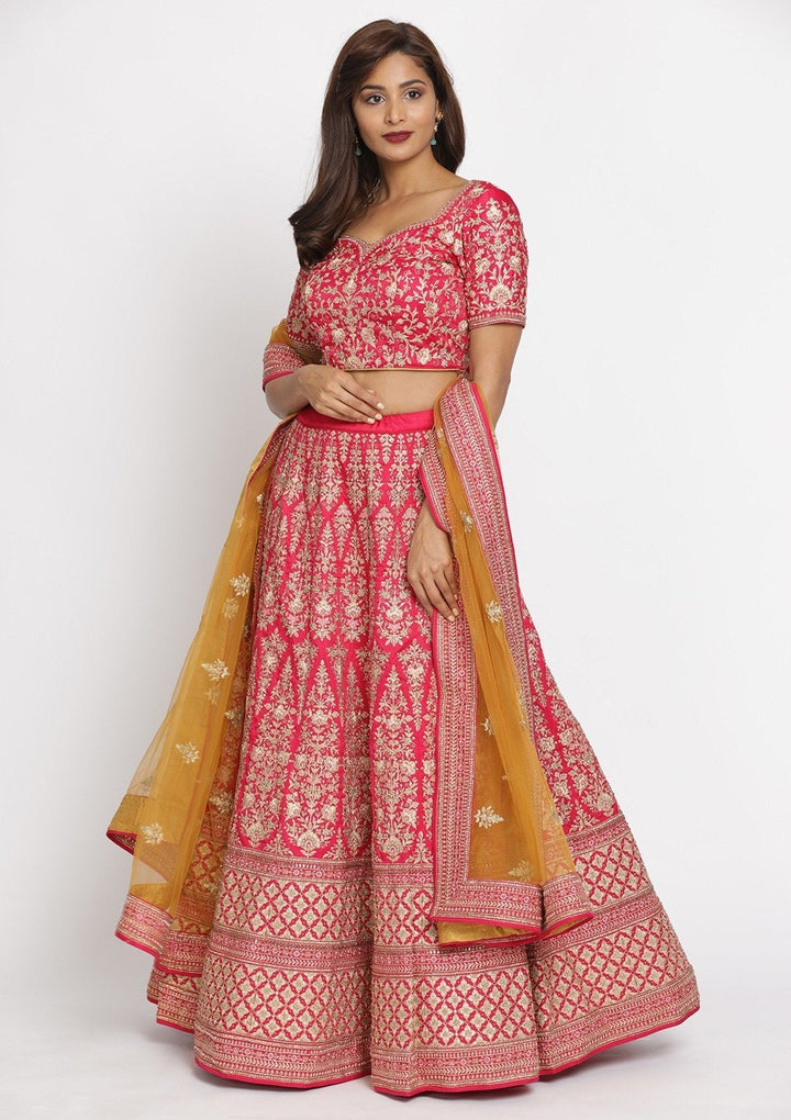 Pink Zariwork Art Silk Designer Semi-Stitched Lehenga - koskii