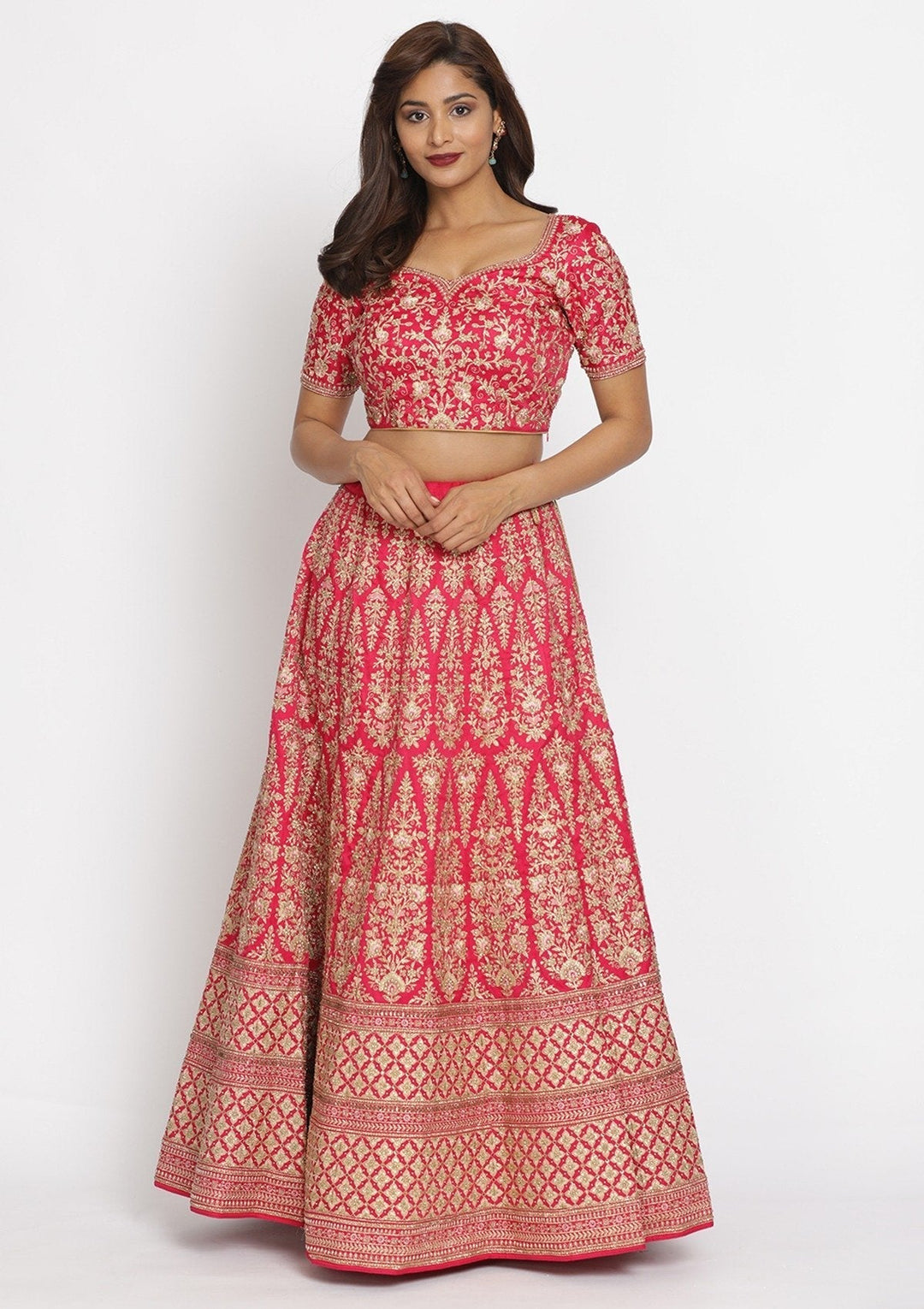 Pink Zariwork Art Silk Designer Semi-Stitched Lehenga - koskii