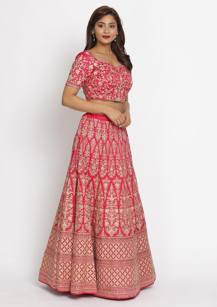 Pink Zariwork Art Silk Designer Semi-Stitched Lehenga - koskii