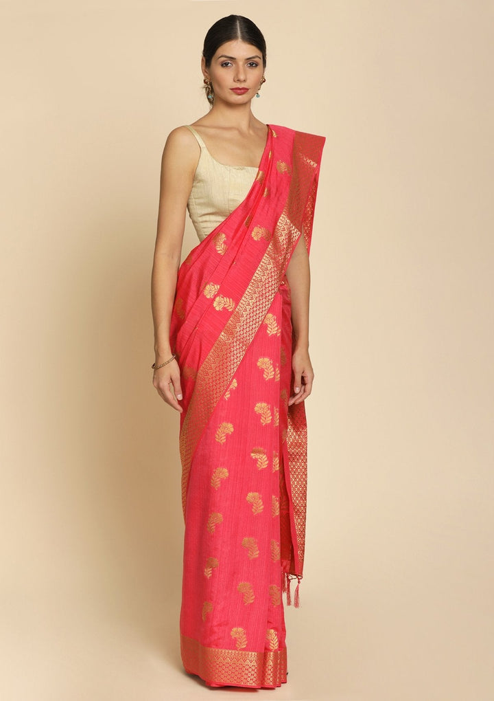 Pink Zariwork Art Silk Designer Saree - koskii