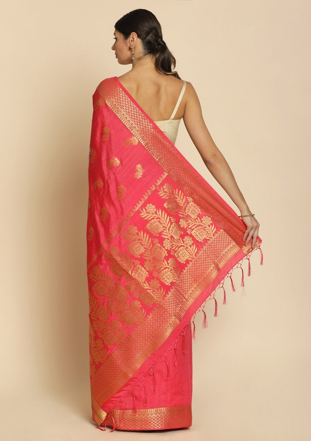 Pink Zariwork Art Silk Designer Saree - koskii