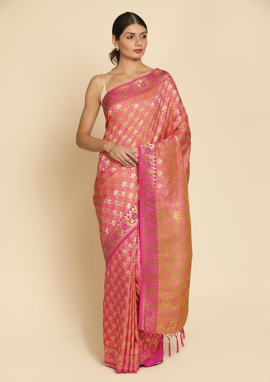 Pink Zariwork Art Silk Designer Saree - koskii