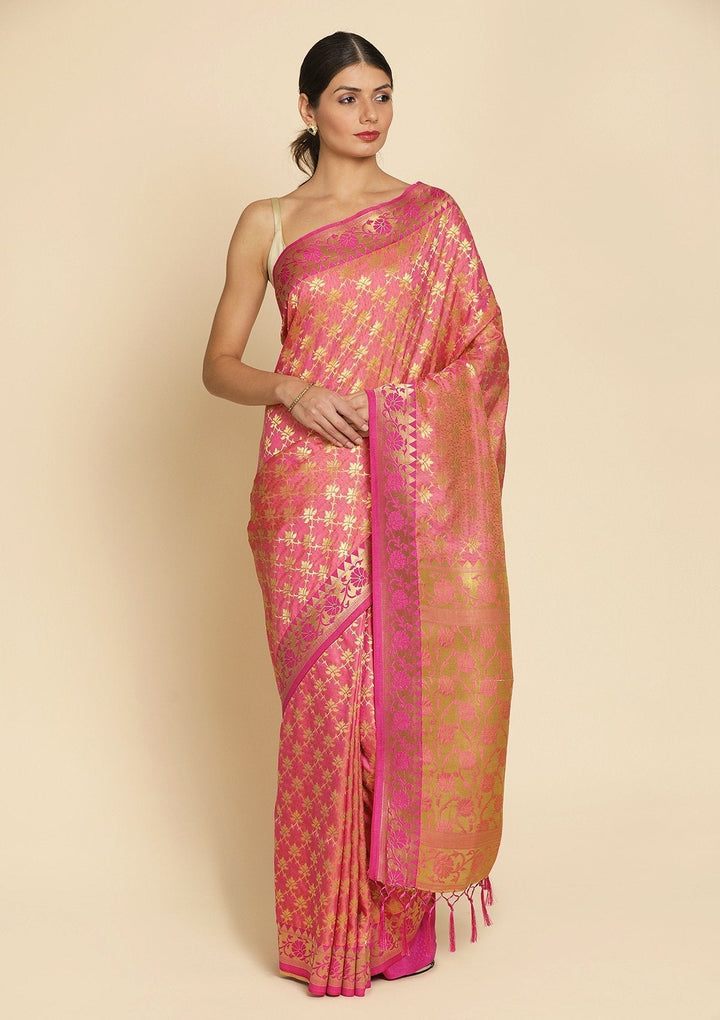 Pink Zariwork Art Silk Designer Saree - koskii