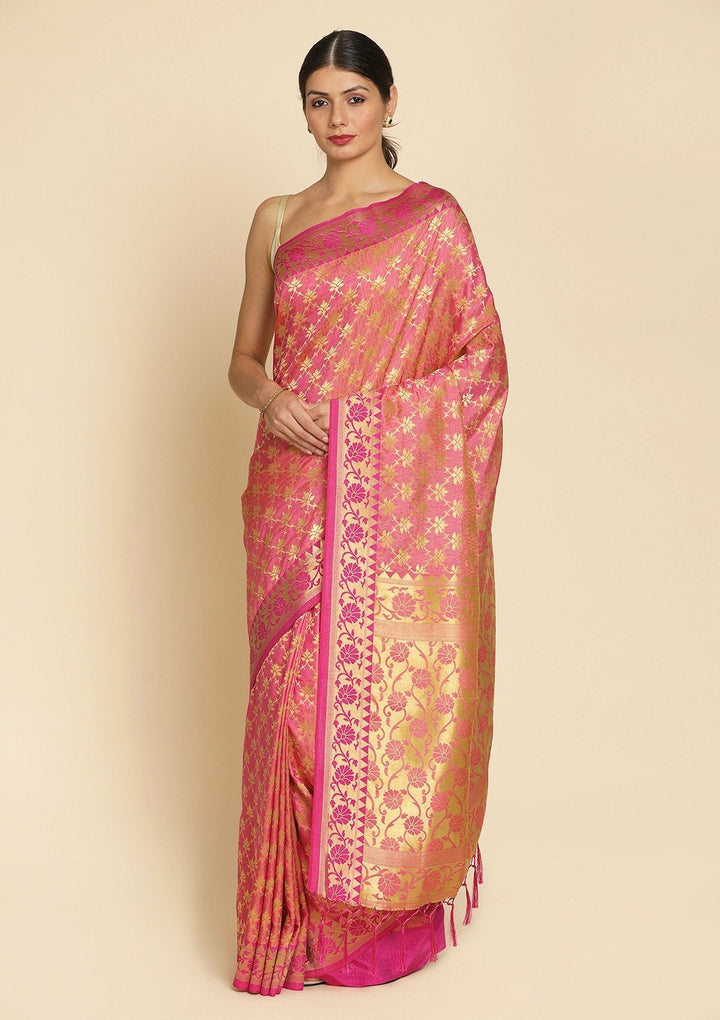 Pink Zariwork Art Silk Designer Saree - koskii
