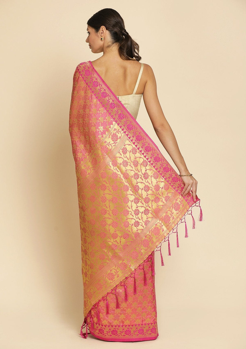 Pink Zariwork Art Silk Designer Saree - koskii