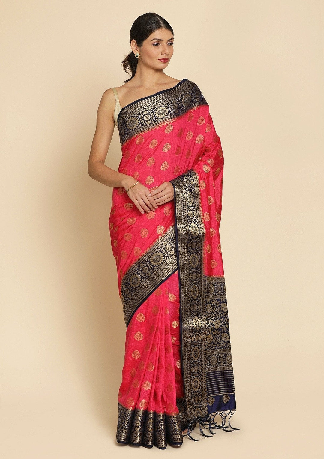 Pink Zariwork Raw Silk Designer Saree - koskii