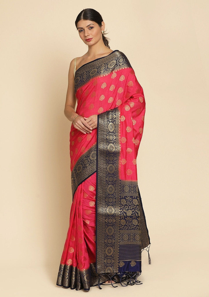 Pink Zariwork Raw Silk Designer Saree - koskii