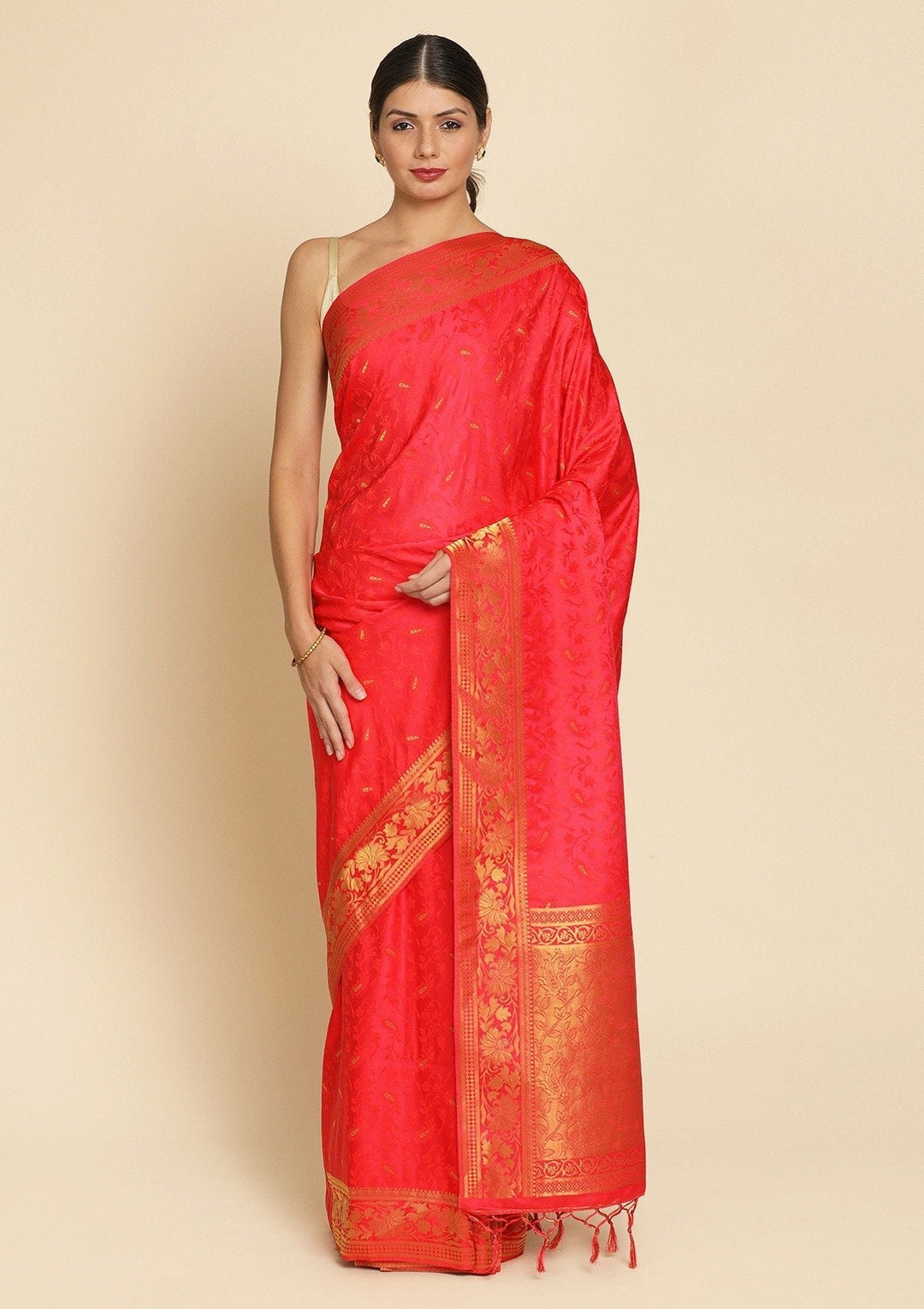 Pink Zariwork Satin Designer Saree - koskii
