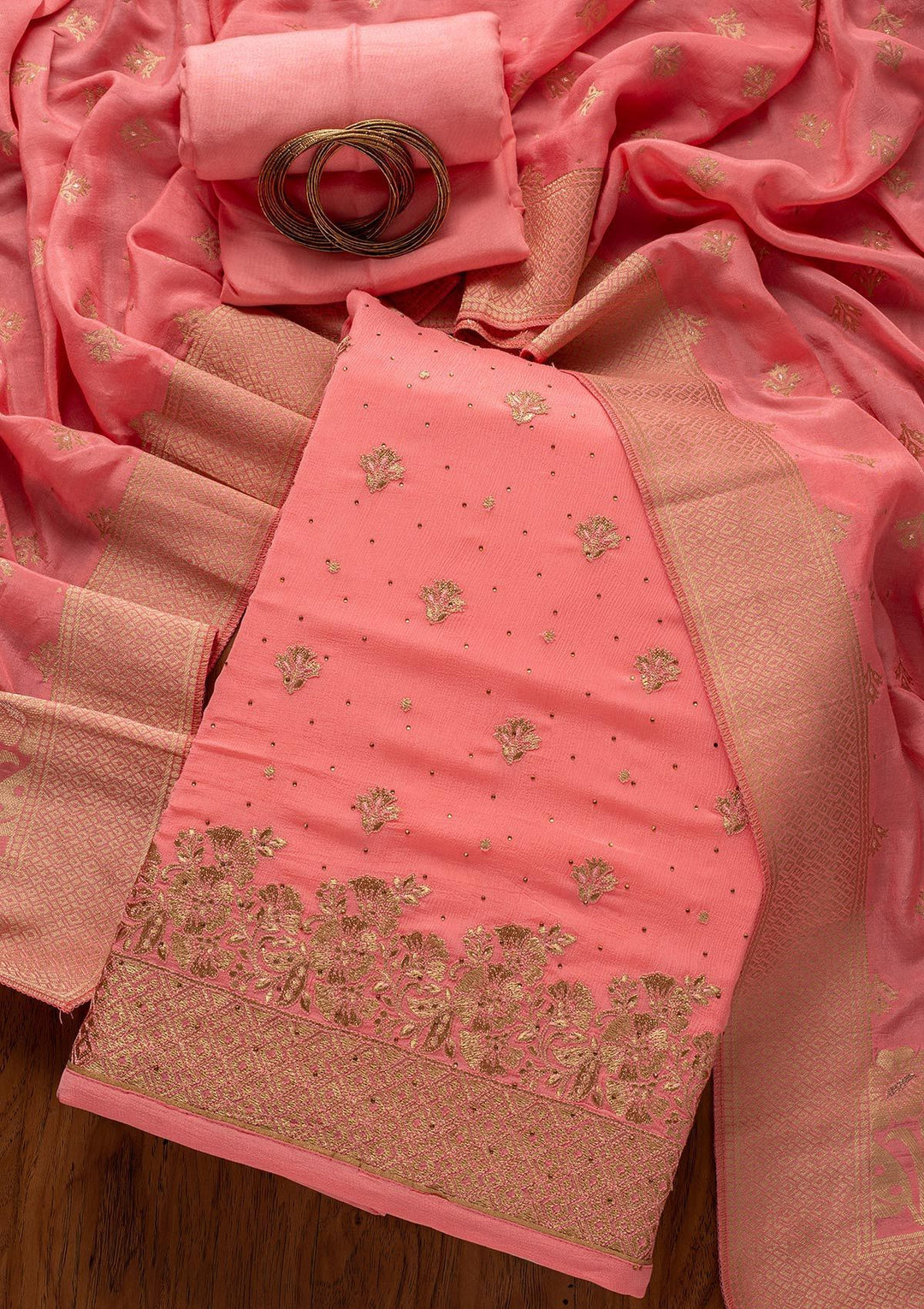 Pink Zariwork Semi Crepe Designer Unstitched Salwar Suit - koskii