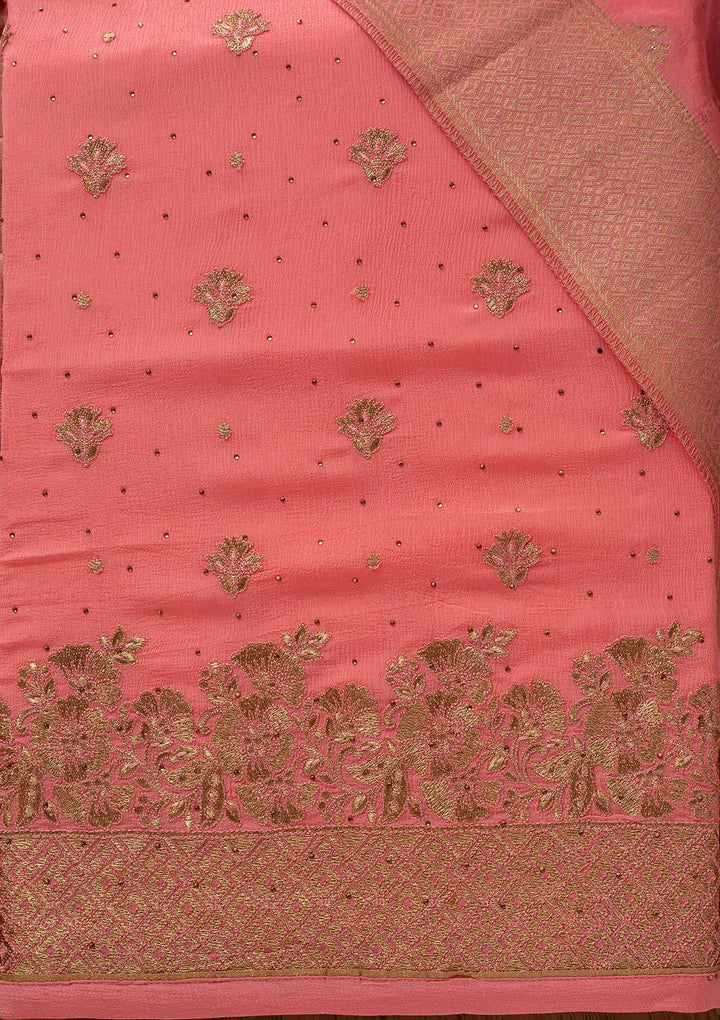 Pink Zariwork Semi Crepe Designer Unstitched Salwar Suit - koskii