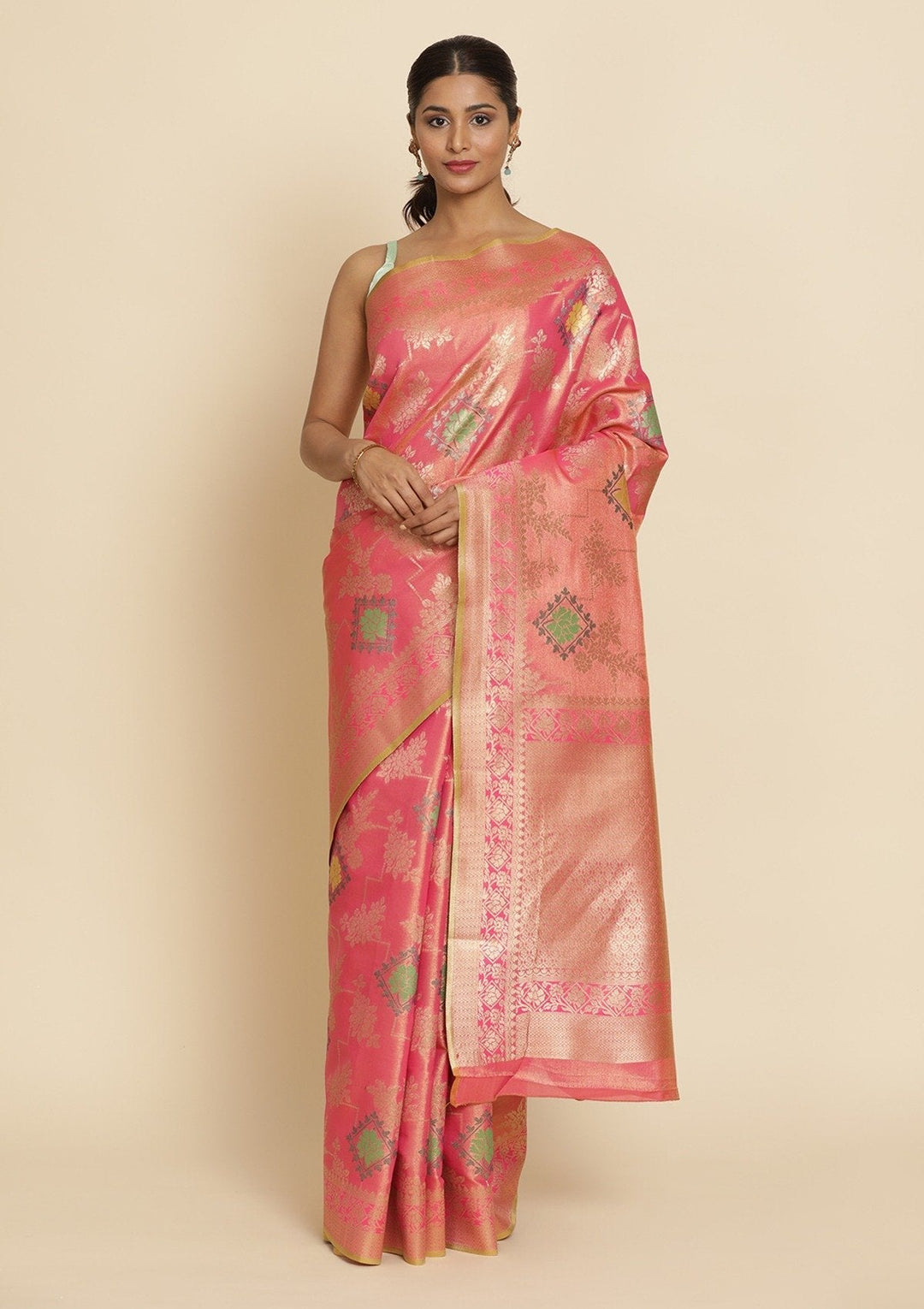 Pink Zariwork Tissue Designer Saree - koskii